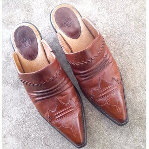 Ariat Brown Leather Pointy Toe Tooled Mules Women's sz 8.5B
